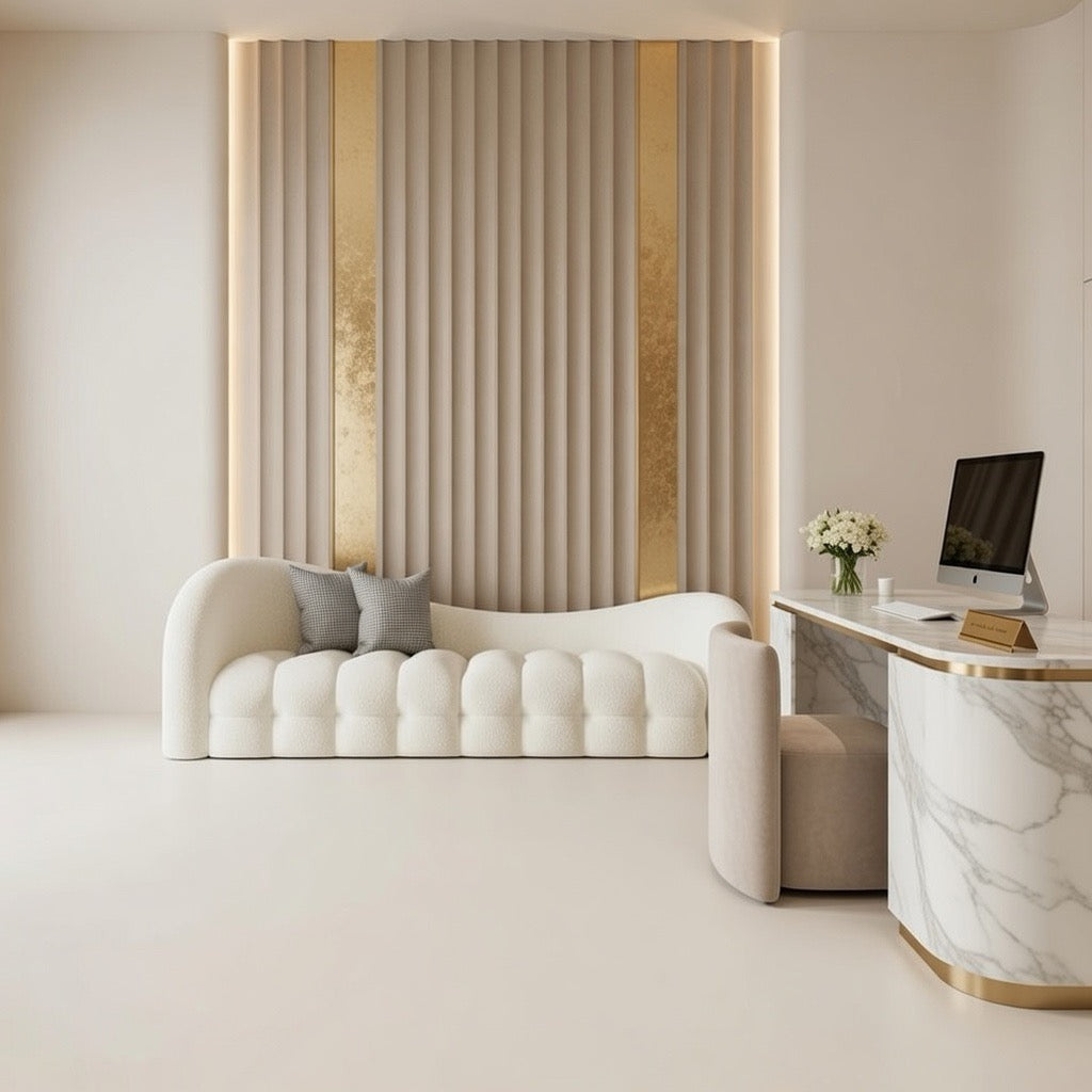 Modern cream sofa with two gray cushions against a beige wall. Boucle salon furniture 