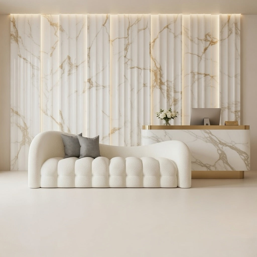 Modern cream sofa with two gray cushions against a beige wall. Boucle salon furniture 