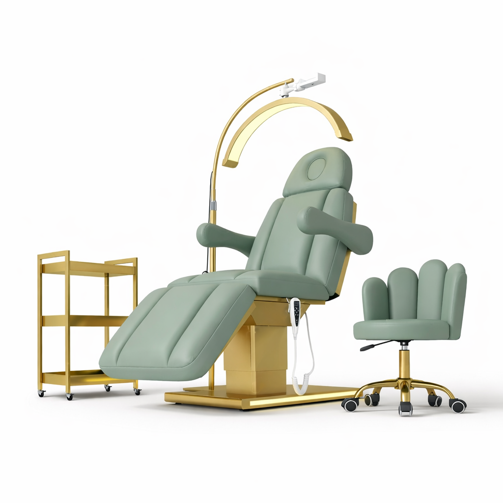 Velora luxury electric beauty bed with remote control in sage green upholstery 