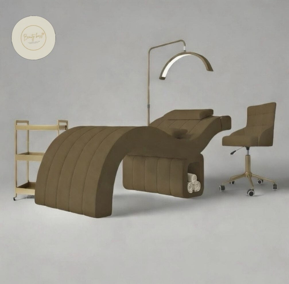 Modern brown office desk with chair and lamp on a gray background beauty bed lash bed 